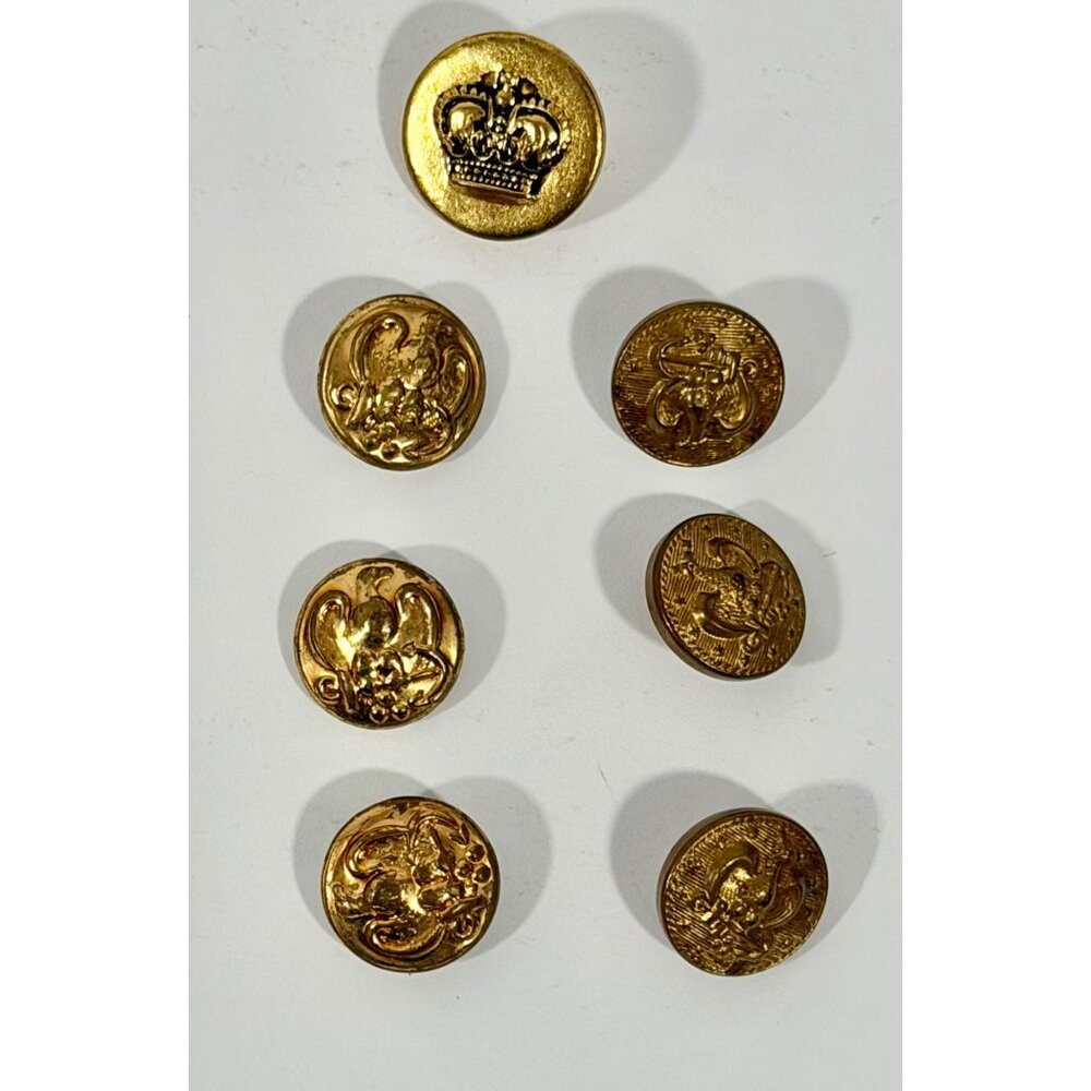 Vintage Gold Military-Style Metal Shank Buttons Set Of 7 With Crown & Eagle Desi